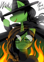 Size: 1240x1754 | Tagged: safe, artist:jully-park, pony, unicorn, g4, cape, clothes, elphaba, fire, glasses, hat, horn, wicked