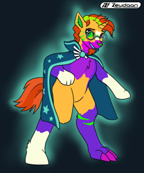 Size: 2000x2400 | Tagged: safe, artist:zeydaan, sunburst, oc, oc:vivian, pony, unicorn, g4, bipedal, blaze (coat marking), cloak, clothes, coat markings, facial markings, furry, furry oc, furry to pony, glasses, glowing outline, heterochromia, horn, male, mid-transformation, open mouth, socks (coat markings), solo, stallion, sunburst's cloak, transformation