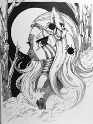 Size: 2736x3648 | Tagged: safe, artist:alts-art, zecora, spider, zebra, g4, black and white, ear piercing, earring, female, grayscale, inktober, jewelry, long hair, mare, monochrome, necklace, nightmare night, piercing, sketch, solo, tree