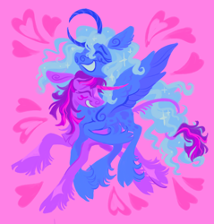 Size: 1960x2048 | Tagged: safe, artist:peaceandlove26, princess luna, twilight sparkle, alicorn, classical unicorn, pony, unicorn, g4, blush scribble, blushing, cloven hooves, coat markings, colored horn, curved horn, duo, ear fluff, eyes closed, facial markings, februpony, female, freckles, grin, heart, horn, intertwined tails, leonine tail, lesbian, mare, open mouth, pink background, ship:twiluna, shipping, simple background, smiling, spread wings, star (coat marking), tail, tail fluff, unshorn fetlocks, wings