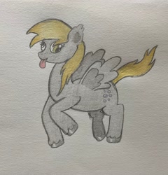 Size: 2726x2841 | Tagged: safe, artist:lewdyloops, derpy hooves, pegasus, g4, cute, cutie mark, female, fluffy, food, muffin, pencil drawing, simple background, solo, solo female, spread wings, tongue out, traditional art, white background, wholesome, wings