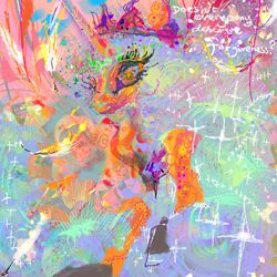 Size: 2400x2400 | Tagged: safe, artist:eyerealm, princess celestia, alicorn, pony, g4, abstract art, colorful, female, mare, modern art, solo, sparkles, stylized, text