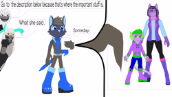 Size: 3818x2153 | Tagged: safe, artist:star153, spike, twilight sparkle, dragon, human, wolf, anthro, g4, advice, ask, belt, blue, boots, claws, clothes, denim, description, glooves, green, hair, help needed, hood down, hoodie, horn, image, jeans, jumper, khameleon, mask, mortal kombat, ninja, pants, photo, pointing, purple, read the description, reptilian, shirt, shoes, smoke, sonic oc, speech bubble, sword, tail, teeth, vest, weapon, zaterran