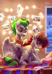 Size: 2007x2834 | Tagged: safe, artist:holivi, oc, oc only, pegasus, pony, g4, blushing, braid, commission, duo, female, lidded eyes, male, mare, smiling, stallion