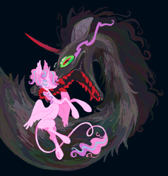 Size: 1953x2048 | Tagged: safe, artist:peaceandlove26, king sombra, princess flurry heart, alicorn, ghost, pony, twinkle eyed pony, undead, unicorn, g4, alternate design, alternate universe, big ears, black background, black mane, blaze (coat marking), blue eyes, butt fluff, coat markings, colored, colored eyelashes, colored horn, colored pinnae, colored sclera, colored teeth, colored underhoof, crystal eyes, curly mane, curly tail, curse, curved horn, duo, ear fluff, eyelashes, facial markings, fangs, female, flat colors, flying, gray coat, green sclera, hoof heart, horn, leonine tail, long horn, long legs, long mane, long neck, long tail, looking back, male, mare, multicolored mane, multicolored tail, open mouth, open smile, pink coat, ponytail, profile, purple eyelashes, red eyes, red eyes take warning, red teeth, sharp teeth, shiny eyes, shiny horn, shrunken pupils, simple background, size difference, slender, smiling, sombra eyes, sparkles, sparkly mane, spread wings, tail, tall ears, teenage flurry heart, teenager, teeth, thin, thin legs, this will not end well, tied mane, underhoof, unicorn horn, unsuspecting, wide eyes, wingding eyes, wings