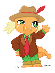 Size: 1213x1605 | Tagged: artist needed, safe, artist:anonymous, color edit, edit, applejack, spike, dragon, g4, clothes, colored, drawthread, fusion, male, requested art, solo, standing, tuxedo