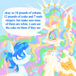 Size: 2000x2000 | Tagged: safe, artist:peaceandlove26, princess celestia, alicorn, earth pony, pony, g4, alternate design, background pony, color porn, colored sclera, drugs, duo, eyestrain warning, female, implied drug use, implied stripping, jewelry, male, mare, master chief and luna hanging out, meme, regalia, speech bubble, stallion