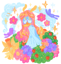 Size: 1798x1882 | Tagged: safe, artist:peaceandlove26, fluttershy, butterfly, fish, pegasus, anthro, g4, blush lines, blushing, bush, clothes, cloud, daffodil, dress, eyeshadow, flower, food, hydrangea, looking at something, makeup, pony ears, simple background, solo, sparkles, sparkly eyes, strawberry, white background, wingding eyes