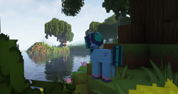 Size: 1920x1017 | Tagged: safe, artist:diminishingwind, misty brightdawn, pony, unicorn, g5, 3d, female, forest, horn, lake, mare, minecraft, nature, outdoors, solo, tree, water