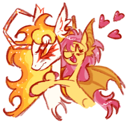 Size: 2000x2000 | Tagged: safe, artist:peaceandlove26, daybreaker, fluttershy, princess celestia, bat pony, pony, g4, bat ponified, blushing, crack shipping, curved horn, cute, cute little fangs, duo, ear fluff, ear tufts, eyes closed, eyeshadow, fangs, female, flutterbat, heart, horn, hug, lesbian, makeup, open mouth, orange eyes, partially open wings, race swap, ship:flutterlestia, shipping, simple background, slit pupils, smiling, white background, wings