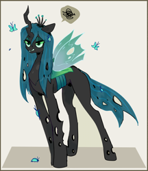 Size: 4184x4840 | Tagged: safe, artist:catment, queen chrysalis, beetle, butterfly, changeling, changeling queen, insect, pony, g4, annoyed, crown, female, jewelry, pictogram, regalia, solo, speech bubble