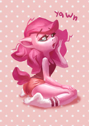 Size: 2480x3507 | Tagged: safe, artist:holivi, oc, oc only, oc:holivi, earth pony, anthro, plantigrade anthro, g4, clothes, kneeling, morning ponies, not pinkie pie, open mouth, shorts, socks, tank top, yawn