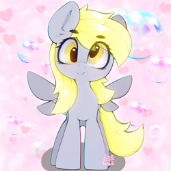 Size: 3000x3000 | Tagged: safe, artist:zokkili, derpy hooves, pegasus, pony, g4, bubble, derp, ear fluff, eye clipping through hair, eyebrows, eyebrows visible through hair, female, front view, heart, smiling, solo, spread wings, wings