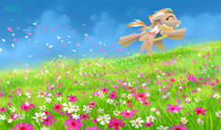 Size: 4092x2412 | Tagged: safe, artist:holivi, oc, oc only, pegasus, pony, clothes, cloud, commission, digital art, eyes closed, female, floppy ears, flower, flower field, flying, grass, happy, mare, signature, sky, smiling, solo, spread wings, uniform, wings, wonderbolt trainee uniform