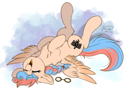 Size: 4093x2894 | Tagged: safe, artist:julunis14, oc, oc only, oc:dracey, pegasus, pony, braid, chest fluff, cute, cute little fangs, ear fluff, eyes closed, fangs, female, glasses off, leg fluff, lying down, mare, on back, open mouth, open smile, single fang, smiling, solo, spread wings, wings