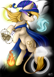 Size: 2893x4092 | Tagged: safe, artist:julunis14, oc, oc only, oc:fate, earth pony, pony, bell, cape, chest fluff, clothes, cloud, commission, darkness, ear fluff, elements, fire, hat, water