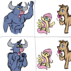 Size: 750x750 | Tagged: safe, artist:sweetiebloom, fluttershy, iron will, earth pony, minotaur, pony, g4, 4 panel comic, assertive fluttershy, colored, comic, drawthread, eating, female, food, hoof hold, ice cream, licking, licking food, male, mare, meme, ponified, ponified meme, reference, requested art, spongebob reference, spongebob squarepants, stallion, tongue out