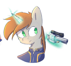 Size: 659x606 | Tagged: safe, artist:minty-cups, oc, oc:littlepip, fallout equestria, clothes, gun, handgun, jumpsuit, little macintosh, magic, revolver, vault suit, weapon