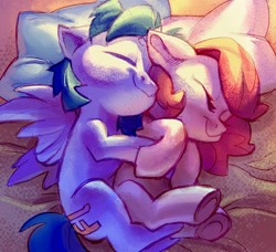 Size: 1681x1535 | Tagged: safe, artist:holivi, oc, oc only, oc:bender watt, oc:holivi, alicorn, earth pony, pony, g4, alicorn oc, explicit source, female, holiwatt, horn, male, mare, morning, oc x oc, shipping, snuggling, stallion, straight, underhoof, wings