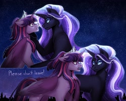 Size: 2500x2000 | Tagged: safe, artist:slapearl, nightmare rarity, rarity, twilight sparkle, alicorn, pony, g4, 2 panel comic, alternate hairstyle, comic, crown, eyeshadow, female, jewelry, lesbian, looking at each other, looking at someone, makeup, mare, markings, night, open mouth, redesign, regalia, ship:rarilight, shipping, stars, twilight sparkle (alicorn), unshorn fetlocks