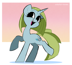 Size: 1943x1738 | Tagged: safe, artist:syrupyyy, oc, oc only, pony, unicorn, female, horn, looking at you, mare, open mouth, open smile, raised hoof, raised leg, smiling, smiling at you, solo, standing on two hooves, unicorn oc