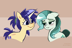 Size: 2530x1675 | Tagged: safe, artist:syrupyyy, oc, oc only, oc:iris sparkler, oc:spring mint, earth pony, pony, unicorn, blushing, cute, duo, duo female, ears back, female, grin, horn, lidded eyes, lip bite, looking at each other, looking at someone, mare, markings, redesign, smiling