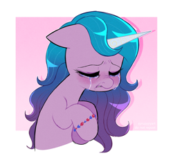 Size: 2120x1934 | Tagged: safe, artist:syrupyyy, izzy moonbow, pony, unicorn, g5, my little pony: a new generation, abstract background, blushing, bracelet, crying, eyes closed, female, floppy ears, frown, high res, horn, izzy moodbow, jewelry, mare, sad, solo, teary eyes, teeth