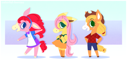 Size: 2153x1149 | Tagged: safe, artist:syrupyyy, applejack, fluttershy, pinkie pie, donkey, earth pony, horse, anthro, g4, alternate hairstyle, animal crossing, applejack's hat, apron, blaze (coat marking), clothes, coat markings, colored hooves, cowboy hat, crossover, dress, facial markings, female, flannel, freckles, hairband, hat, hooves, markings, open mouth, shirt, shoes, shorts, skirt