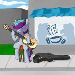 Size: 2000x2000 | Tagged: safe, artist:anonymous, pony, unicorn, busking, cafe, coin, drawthread, eyes closed, guitar, hoof hold, horn, left handed, musical instrument, outdoors, requested art, sitting, solo, stool, window