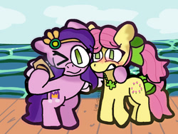 Size: 1024x768 | Tagged: safe, artist:blueraspberryroadkill, pipp petals, posey bloom, earth pony, pegasus, pony, g5, blushing, cellphone, duo, duo female, female, hoof around neck, hug, lesbian, mare, ocean, phone, pier, selfie, ship:petalbloom, shipping, smartphone, water