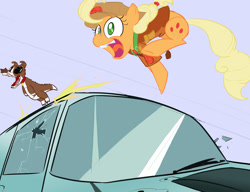 Size: 1300x1000 | Tagged: artist needed, safe, artist:silence, color edit, edit, applejack, gummy, pinkie pie, winona, g4, broken glass, car, clothes, colored, drawthread, fusion, gunshot, jumping, open mouth, requested art, smiling, van, wat