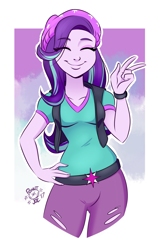 Size: 1496x2288 | Tagged: safe, artist:ponut_joe, starlight glimmer, equestria girls, g4, beanie, belt, breasts, clothes, cute, denim, eye clipping through hair, eyes closed, female, glimmerbetes, hand on hip, happy, hat, jeans, pants, peace sign, ripped jeans, ripped pants, shirt, simple background, smiling, solo, teenager, torn clothes, vest