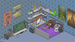 Size: 1920x1080 | Tagged: safe, artist:darkdoomer, button mash, sweetie belle, earth pony, pony, renamon, unicorn, yoshi, fallout equestria, g4, 4chan, bed, bedroom, blanket, book, bookshelf, colt, comfy, computer, console, controller, digimon, digital art, dreamcast, duo, everfree outpost, female, filly, foal, frederic molas, games, horn, internet browser, isometric, keyboard, looking at something, male, manehattan, pixel art, playstation, playstation 2, poster, sleep tight, stereo, super famicom, super mario, television, toy, video game, wallpaper