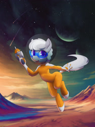 Size: 2400x3200 | Tagged: safe, artist:darkdoomer, silver spoon, anthro, g4, desert, digital art, digital painting, glasses, mountain, phaser, planet, retro, science fiction, solo, spacesuit, weapon