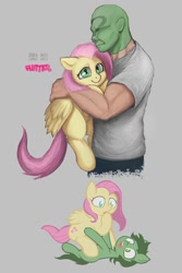 Size: 800x1200 | Tagged: safe, artist:darkdoomer, fluttershy, oc, oc:anon, oc:filly anon, earth pony, human, pegasus, pony, g4, duo, female, filly, foal, hug