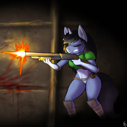 Size: 1900x1900 | Tagged: safe, artist:korpkat, oc, oc:shainer shrapnel shock, unicorn, anthro, aiming, armor, blood, dark, doom, doom equestria, equestria doom, female, gun, horn, mare, shotgun, solo, tail, weapon