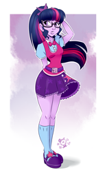 Size: 1500x2400 | Tagged: safe, artist:ponut_joe, sci-twi, twilight sparkle, equestria girls, g4, beautiful, belt, bowtie, clothes, cute, female, glasses, legs, mary janes, moe, ponytail, sci-twi outfits, shoes, skirt, skirt lift, socks, solo, twiabetes, vest