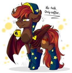 Size: 2900x2944 | Tagged: safe, artist:julunis14, oc, oc only, oc:zack whitefang, bat pony, pony, bat pony oc, bat wings, chest fluff, clothes, cute, cute little fangs, ear fluff, fangs, hat, leg fluff, male, morning ponies, mug, nightcap, one wing out, simple background, slit pupils, socks, solo, stallion, tongue out, white background, wing hands, wings