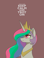 Size: 1200x1600 | Tagged: safe, artist:darkdoomer, princess celestia, alicorn, pony, g4, bust, crown, featured image, female, horn, jewelry, keep calm and carry on, mare, minimalist, modern art, peytral, portrait, poster, propaganda, regalia, simple background, solo