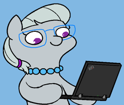 Size: 555x469 | Tagged: safe, artist:darkdoomer, silver spoon, earth pony, pony, g4, computer, cute, female, filly, foal, image, imported from twibooru, laptop computer, meme, png, silverbetes, smiling, solo, thinkpad