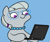 Size: 555x469 | Tagged: safe, artist:darkdoomer, silver spoon, earth pony, pony, g4, blue background, computer, cute, female, filly, foal, glasses, half body, hoof hold, imported from twibooru, jewelry, laptop computer, meme, necklace, no pupils, png, silverbetes, simple background, smiling, solo, thinkpad