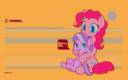 Size: 3840x2400 | Tagged: safe, artist:darkdoomer, diamond tiara, pinkie pie, earth pony, pony, g4, cute, design, dialogue, duo, female, filly, foal, mare, ponerpics exclusive, shipping, sitting, wallpaper, widescreen