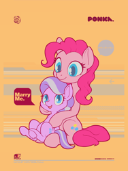 Size: 3000x4000 | Tagged: safe, artist:darkdoomer, diamond tiara, pinkie pie, earth pony, pony, g4, cute, design, dialogue, duo, female, filly, foal, mare, ponerpics exclusive, shipping, sitting