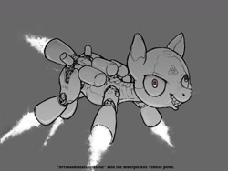 Size: 1600x1200 | Tagged: safe, artist:darkdoomer, pony, robot, robot pony, drool, exoatmospheric kill vehicle, floating, red eyes, sharp teeth, teeth