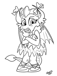 Size: 902x1198 | Tagged: safe, artist:lilifox, smolder, dragon, ballerina, ballet, ballet slippers, bow, clothes, crossed arms, cute, embarrassed, gritted teeth, legs together, ribbon, smolder also dresses in style, smolderbetes, smolderina, smoler, teeth, tutu