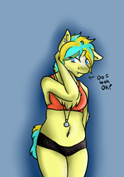 Size: 700x1000 | Tagged: safe, artist:dreamsdoodles, oc, oc:dream baker, unicorn, anthro, belly, belly button, belly piercing, blushing, broken horn, ear piercing, female, female oc, horn, jewelry, necklace, piercing, solo, solo female, unicorn oc