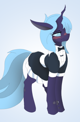 Size: 1600x2432 | Tagged: safe, artist:puginpocket, oc, oc only, oc:nihea tamin, changeling, blue mane, blue tail, blushing, bowtie, changeling oc, clothes, cute, dress, grumpy, looking away, looking sideways, maid, male, male oc, purple changeling, solo, standing, tail