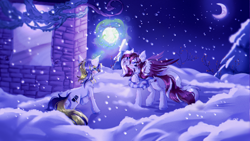 Size: 3840x2160 | Tagged: safe, artist:lime noise, oc, oc only, oc:red wine, oc:yellowglaze, pegasus, pony, unicorn, chest fluff, clothes, colored wings, digital art, female, horn, moon, pegasus oc, scarf, snow, tail, two toned mane, two toned tail, two toned wings, unicorn oc, wings, winter