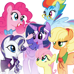 Size: 1312x1312 | Tagged: safe, artist:varwing, part of a set, applejack, fluttershy, pinkie pie, rainbow dash, rarity, twilight sparkle, alicorn, pony, g4, alternate hairstyle, bowtie, ethereal mane, glasses, lipstick, mane six, middle aged, older, older applejack, older fluttershy, older mane six, older pinkie pie, older rainbow dash, older rarity, older twilight, red lipstick, short hair fluttershy, tail, twilight sparkle (alicorn), two toned hair, two toned mane, two toned tail