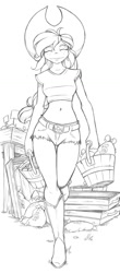 Size: 488x1108 | Tagged: safe, artist:jaynaylor, applejack, human, g4, applejack's hat, bag, belly, belly button, clothes, cowboy hat, daisy dukes, female, hat, humanized, lineart, money bag, monochrome, shorts, simple background, solo, white background